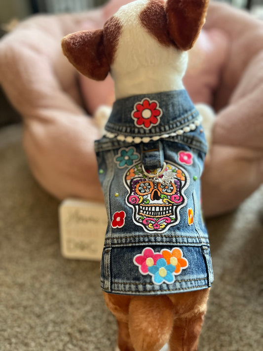 Candy skull - Dog denim vest with patches